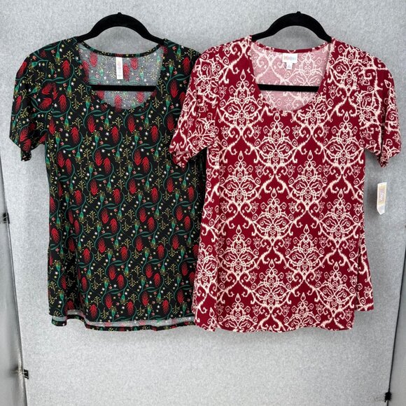 LulaRoe Womens Perfect T Shirt LOT of 2 Size L Floral Geo Print Black Red NEW - Picture 1 of 14